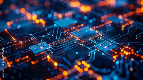 Glowing orange and blue pathways on an illuminated electronic circuit board provide a close-up glimpse into the intricate data flow and electrical connectivity inherent in modern technology.
