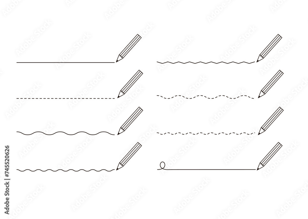 鉛筆で引いたいろんな線セット 黒線画 Adobe Stock