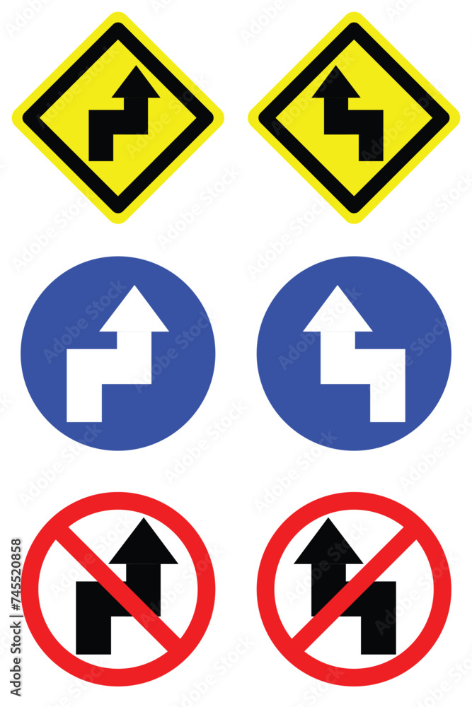 set circle diamond shape double sharp turns right and left arrow road traffic sign direction icon. highway route collection road flat symbol for web mobile isolated white background illustration. set circle diamond shape double sharp turns right and left arrow road traffic sign direction icon. highway route collection road flat symbol for web mobile isolated white background illustration.