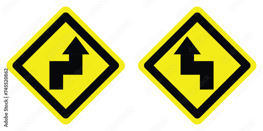 set yellow diamond shape double sharp turns right and left arrow road traffic warning sign direction. highway route collection road flat symbol for web mobile isolated white background illustration. set yellow diamond shape double sharp turns right and left arrow road traffic warning sign direction. highway route collection road flat symbol for web mobile isolated white background illustration.