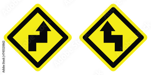 set yellow diamond shape double sharp turns right and left arrow road traffic warning sign direction. highway route collection road flat symbol for web mobile isolated white background illustration.