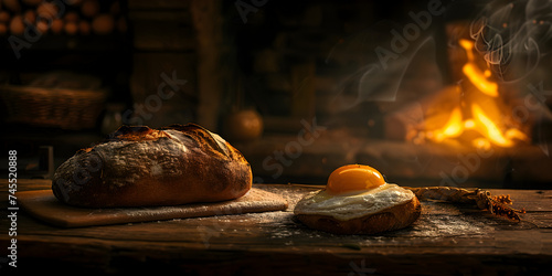 A fireplace with bread and a pan of bread on it