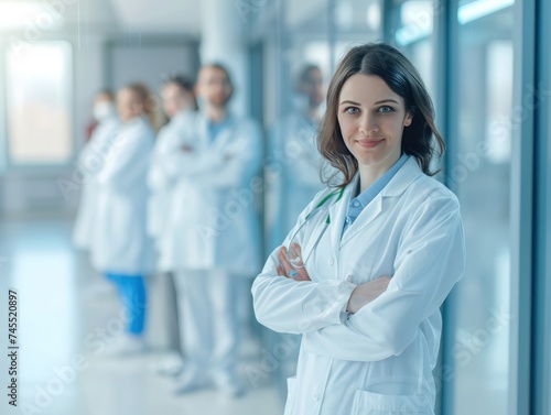 A triumphant moment unfolds as a successful team of medical professionals smiles proudly at the camera, embodying collaboration and achievement in the hospital setting