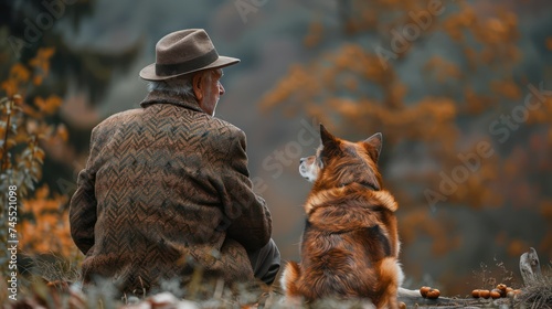 A lonely old man with his dog, sitting on the ground, looking out over the countryside. © Farid