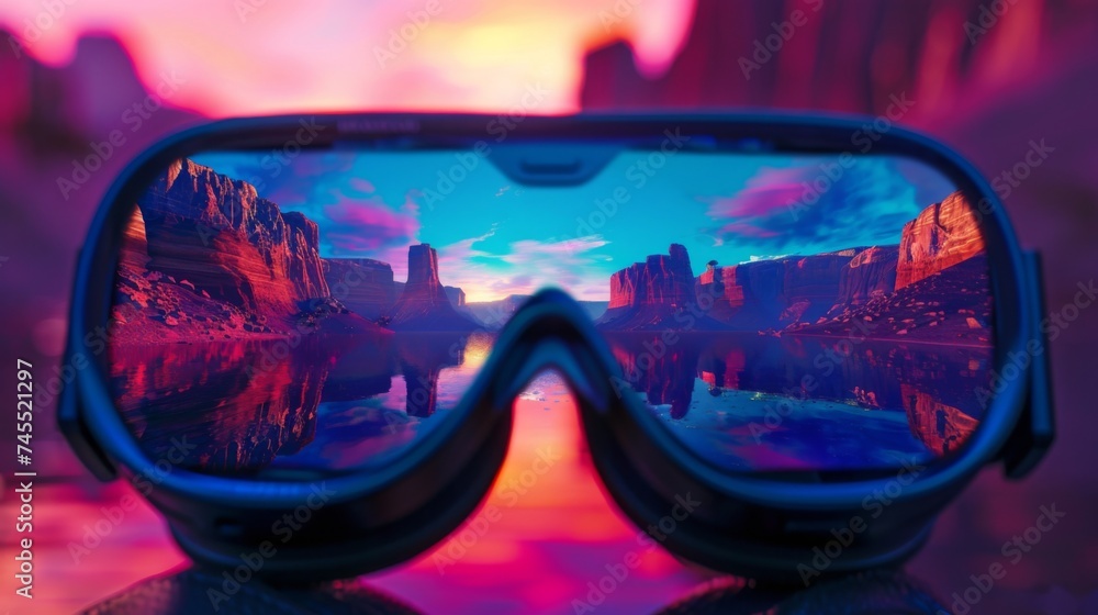 Resting on a surface, a pair of sunglasses reflects a vivid tropical landscape, stirring fantasies of a vacation paradise filled with sandy beaches and clear blue skies. - obrazy, fototapety, plakaty 