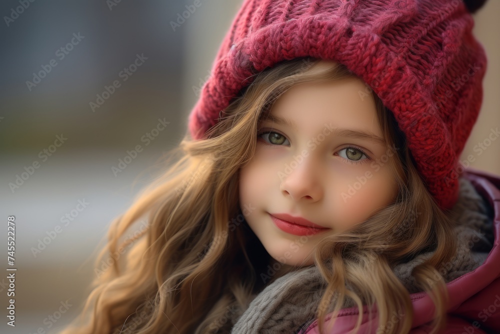 Portrait of a beautiful little girl in a pink hat and scarf Portrait of a beautiful little girl in a pink hat and scarf