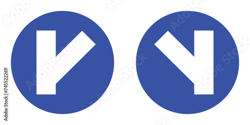 set blue circle shape three y turns right and left intersection junction road traffic mandatory sign. highway route collection road flat symbol for web mobile isolated white background illustration.