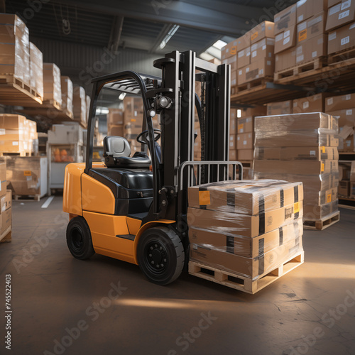 forklift with a pallet with boxes packed in a warehouse