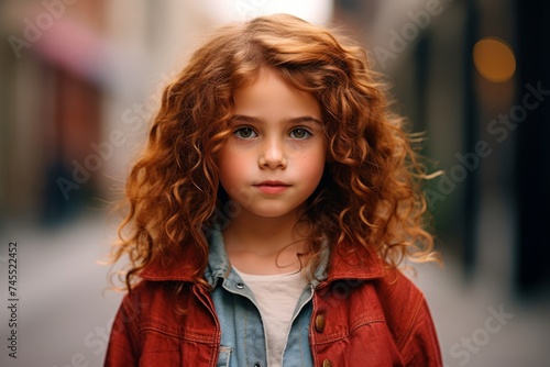 Portrait of a cute little girl with curly hair on a city street. © Inigo