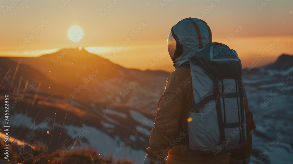 Person in a spacesuit facing a mountain sunrise.