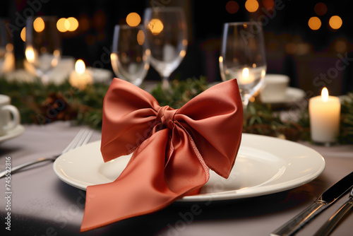 An endearing paper napkin ring with a bow tie detail on a festive dinner table