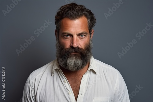 Portrait of a handsome man with long beard and mustache. Studio shot against grey background.