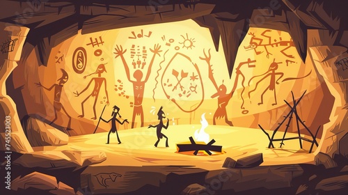 Prehistoric cave with caveman primitive painting on stone walls and fire. Cartoon vector neanderthal tribe dungeon. Aboriginal dwelling in underground rock cavern with ancient drawings and campfire photo