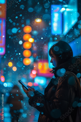 Vibrant city night: woman engrossed in mobile app under dazzling street lights © pijav4uk
