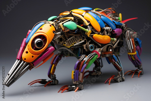 An imaginative robotic creature made of colorful interlocking parts  designed to spark a child s curiosity in technology.