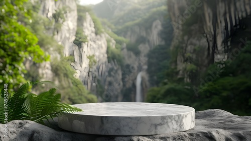 Marble podium for natural products in mountains nature. A stage for cosmetics product presentation in natural green environment, copy space, advertising.