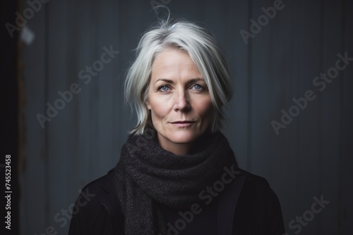Portrait of a mature woman with grey hair and a scarf.