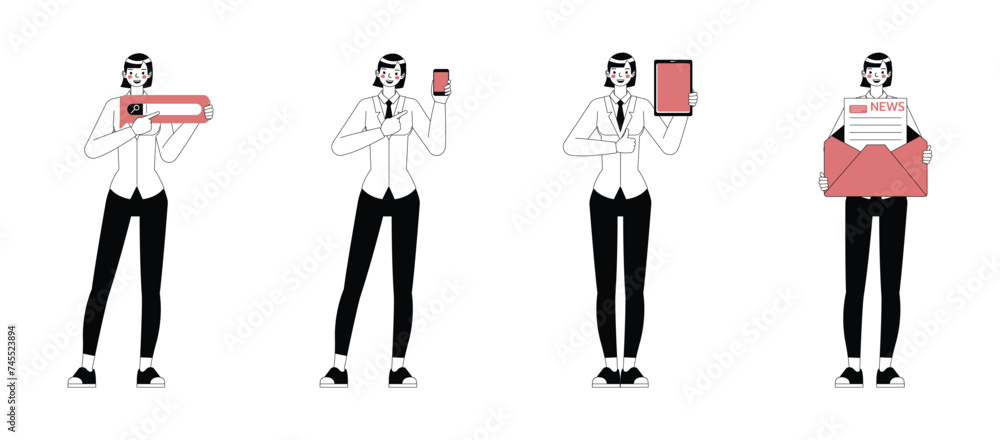Set of office woman wear white suit character flat and minimal vector illustration design style. Presentation in various action. People working in office planning, thinking and economic analysis.