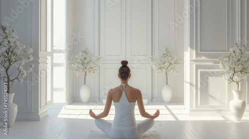 Healthy and Well-being Woman Meditating doing Yoga Pose in Serene and Peacful White Room