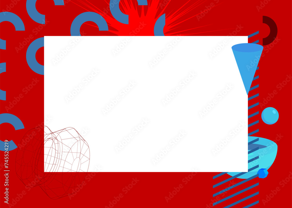 Fototapeta premium Blue and red geometrical graphic retro theme background with place for text. Minimal geometric elements frame. Vintage abstract shapes vector illustration for advertising.
