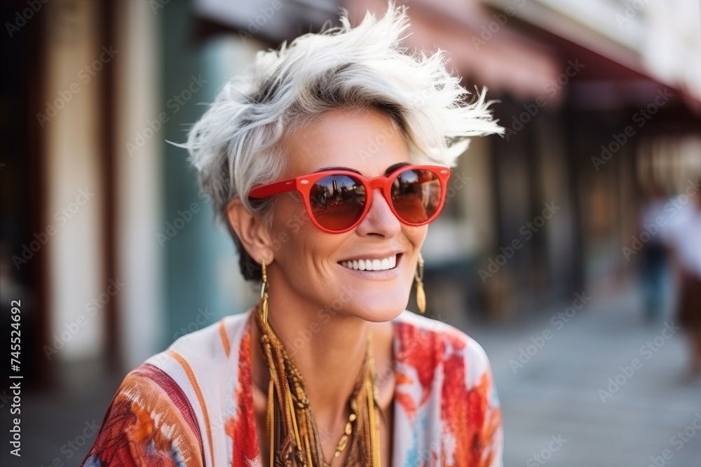 Portrait of a beautiful middle-aged woman with short hair wearing red sunglasses Portrait of a beautiful middle-aged woman with short hair wearing red sunglasses