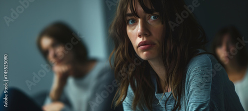 Woman seeking comfort in anonymous support group for mental health and addiction
