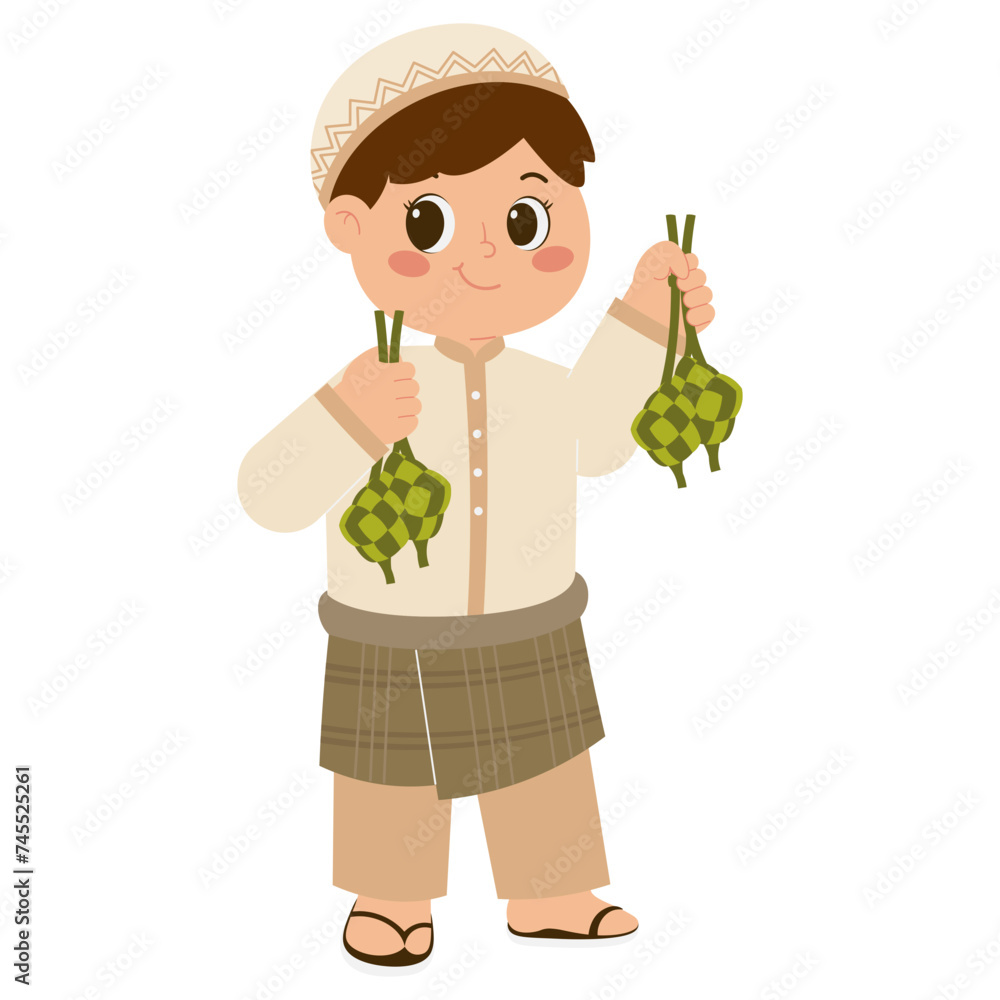 Cute Muslim Boy Holding Ketupat Food Illustration Cute Muslim Boy Holding Ketupat Food Illustration