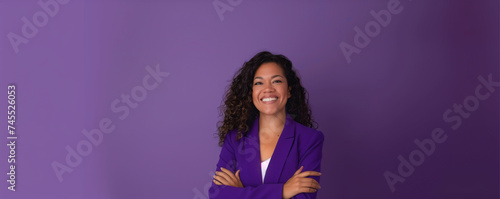 Confident Hispanic woman in purple suit, Professional businesswoman with a smile and empty copy space | Generative AI