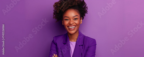 Happy professional Black woman in purple jacket, Energetic and confident business style with bold colors | Generative AI