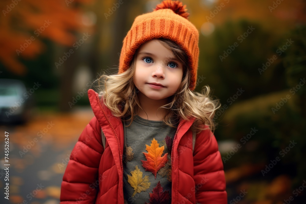 Autumn portrait of cute little girl in red jacket and hat. Autumn portrait of cute little girl in red jacket and hat.