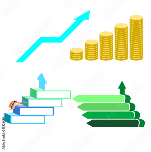 Snail on stair for climb to succes  isolated on white background, Blue arrow line of  the currency chart,  Vector graphic of pile of golden coins, Stair infographic template with four steps