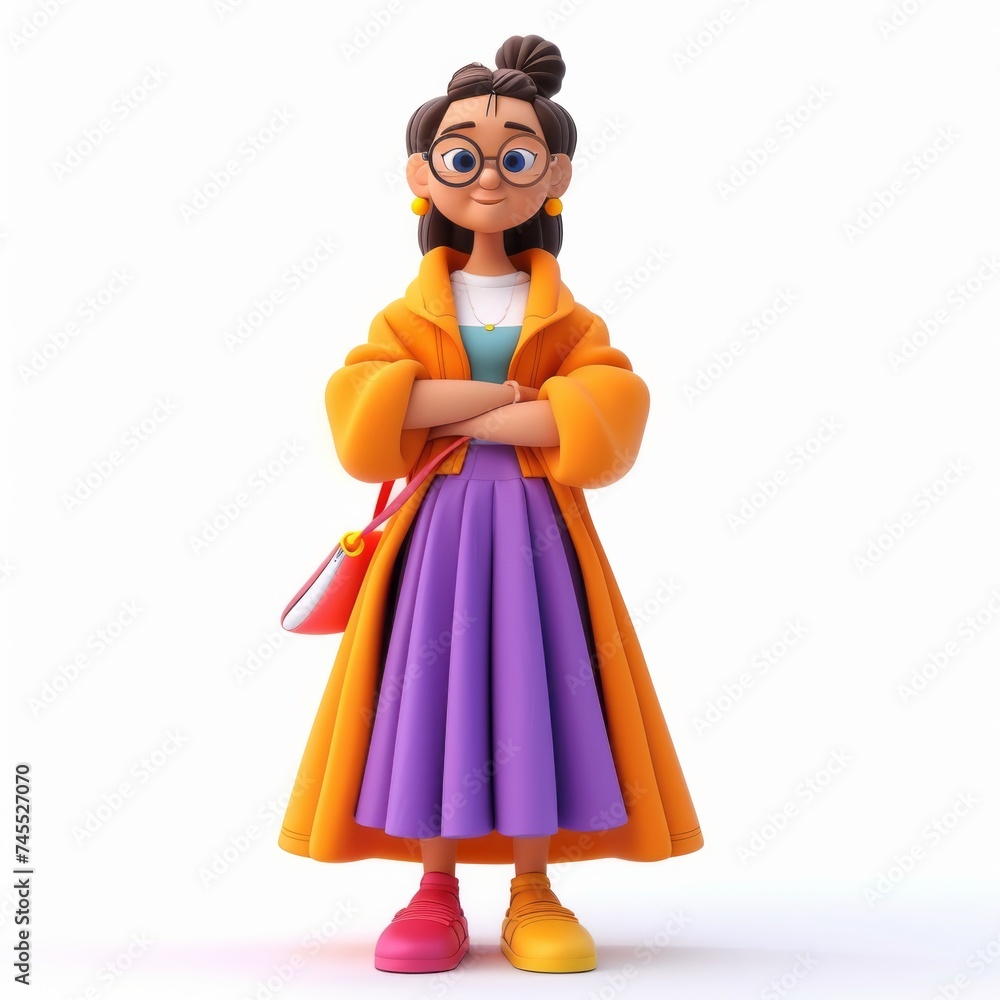 Female clay animation character wearing a fashion designer's outfit with sketches of clothing designs, on an isolated white background, Generative Ai