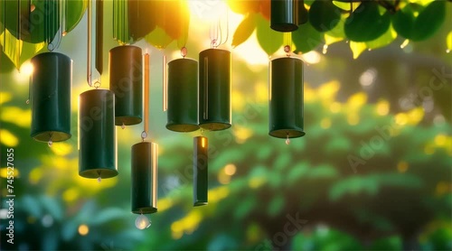 Tranquil Outdoor Ambiance Wind Chimes Hanging Amidst Sunlit Trees photo