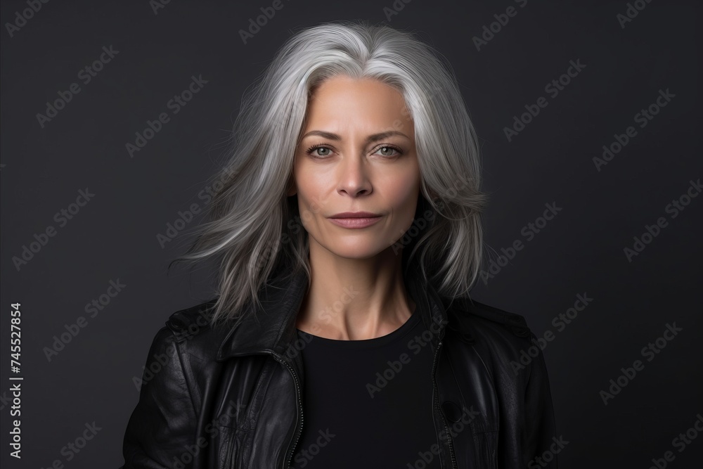 Portrait of a beautiful middle-aged woman in a black leather jacket