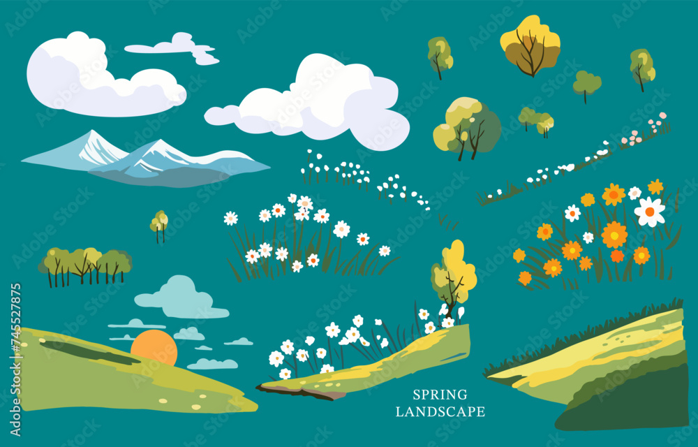 Fototapeta premium Spring landscape element set with mountain and tree Editable vector illustration for graphic dedsign
