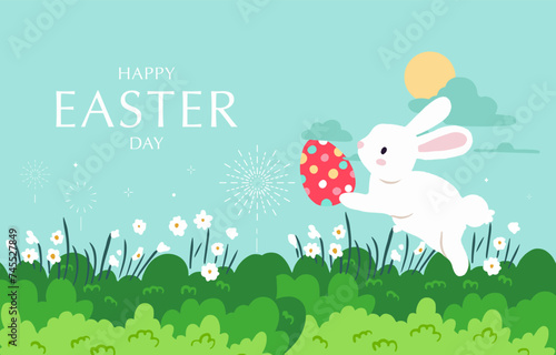 Collection of easter background set with rabbit and egg in garden Editable vector illustration for horizontal banner