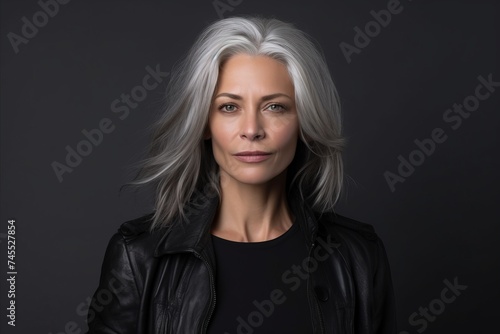 Portrait of a beautiful middle-aged woman in a black leather jacket