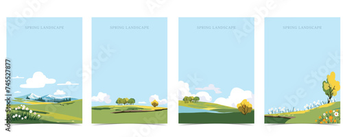 Spring landscape background with mountain and tree Editable vector illustration for postcard,a4 vertical size