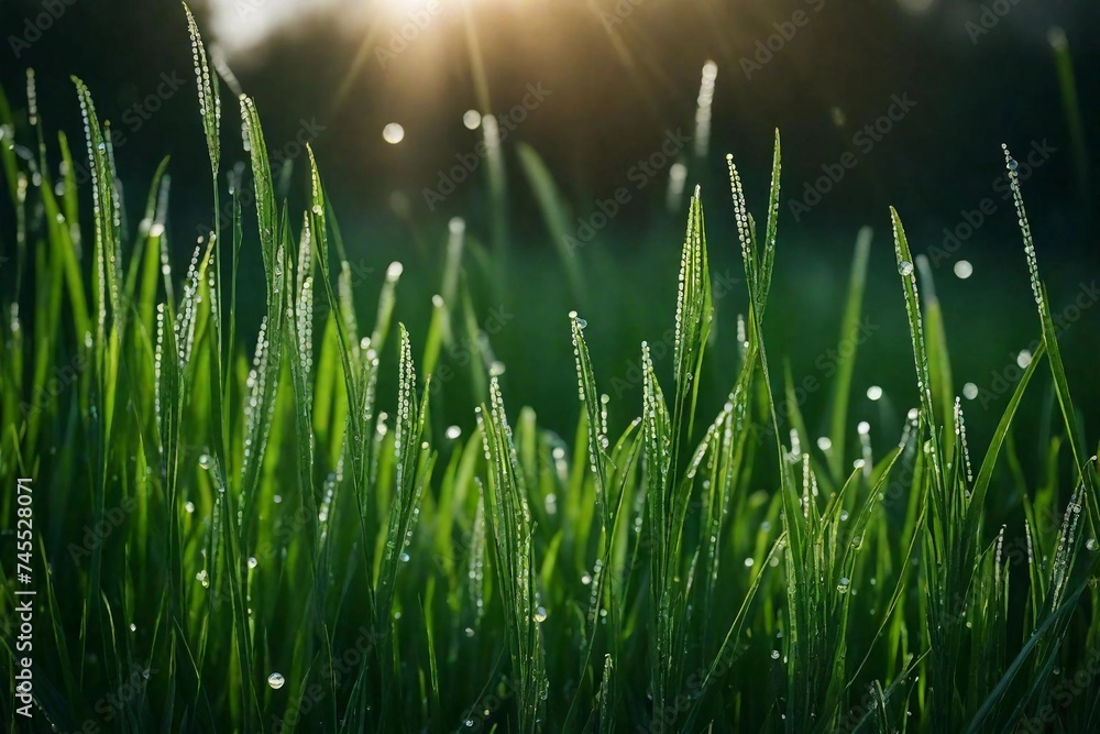 dew drops on green grass and sun 