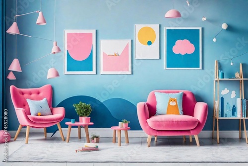 pink and blue living room with furniture © Zoraiz