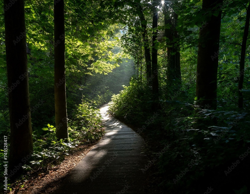 Fototapeta premium Describe a winding forest path disappearing into the depths. Sunbeams pierce through gaps in