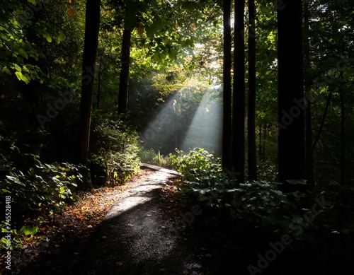 Describe a winding forest path disappearing into the depths. Sunbeams pierce through gaps in