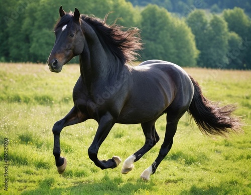 A completely black horse with shiny glossy coat gallops across a green meadow on a sunny day. The sun s rays play in her lush mane