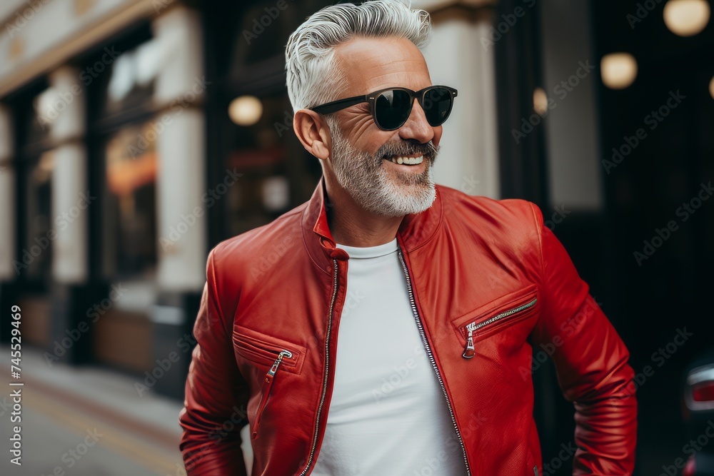 Handsome middle-aged man in sunglasses and a red leather jacket is walking in the city.