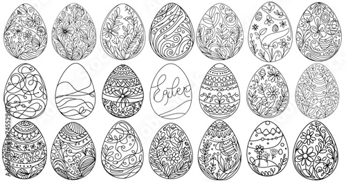 collection hand drawing black line art floral easter eggs outline  doodle decorated with many different design for easter egg vector on white background