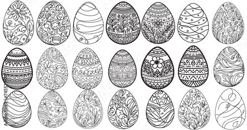 collection hand drawing black line art floral easter eggs outline  doodle decorated with many different design for easter egg vector on white background