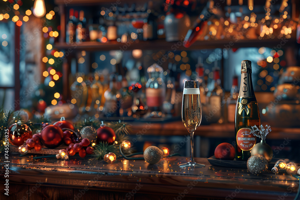 glass of wine in bar of christmas, Generative AI