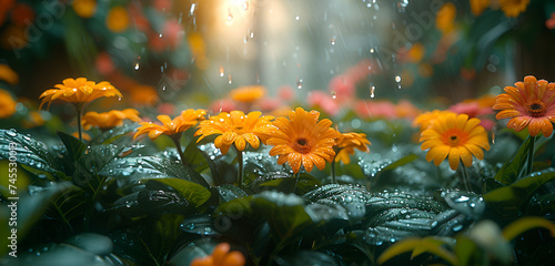 Beautiful image of a flower garden in heavy rain, garden, flowers, nature, rain, water, colorful, AI-generated.