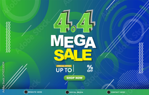 4.4 mega sale discount template banner with blank space for product sale with abstract gradient green and blue background design