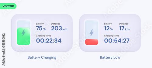 3D Vector Electric Vehicle battery charging display status clean interface Battery Charging, Low Battery illustration design concept.  Electric Vehicle 3d modern vector dashboard for ui, website, EV. 